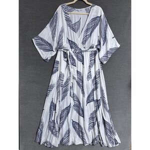 Baltic Born Dress XXL Blue White Palm Feather Maxi Kimono Wrap Beach Tropical